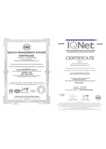 king long recebeu o certificado do centro de certificação de qualidade da china, iqnet & CQC para conformidade com o padrão ISO9001:2000 e GB/T 19001-2000.
